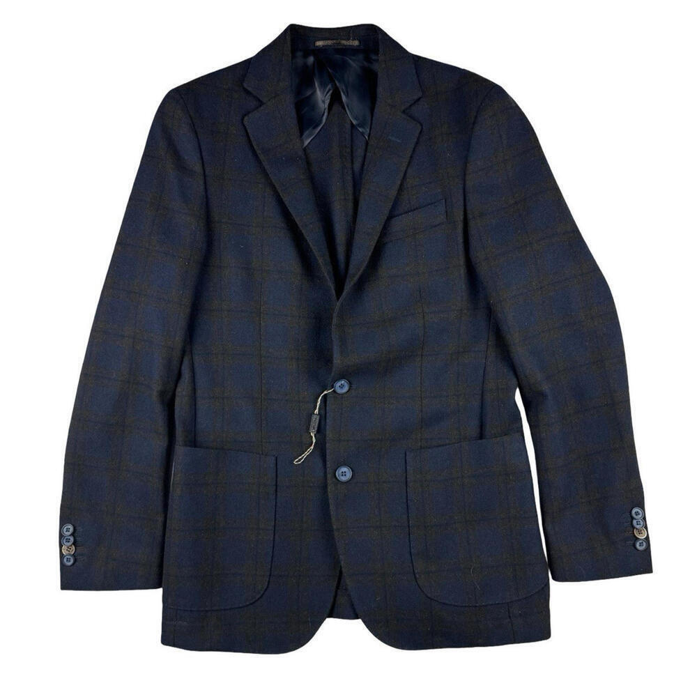 Borrelli Virgin Wool Sport Coat Windowpane Check Blue Brown Size 46 EU | 36 US